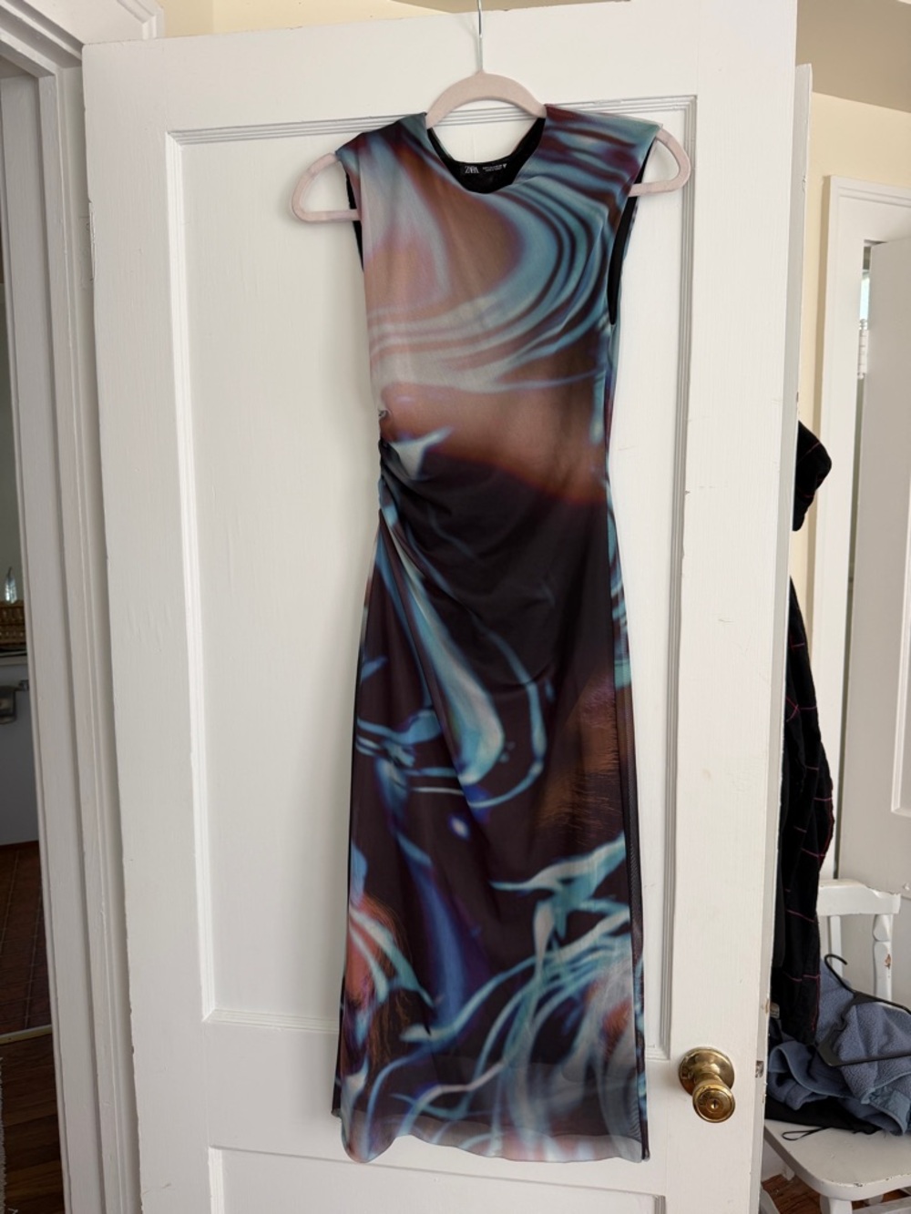 Zara Swirl-Print Midi Dress in Blue and Brown Tones